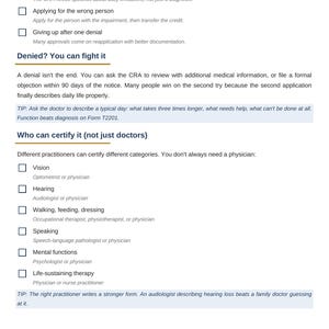 May include: A white informational document titled Disability Tax Credit Guide by Clear Tax Solutions. It lists reasons why applications get denied, provides advice on fighting a denial, and outlines which practitioners can certify specific categories.