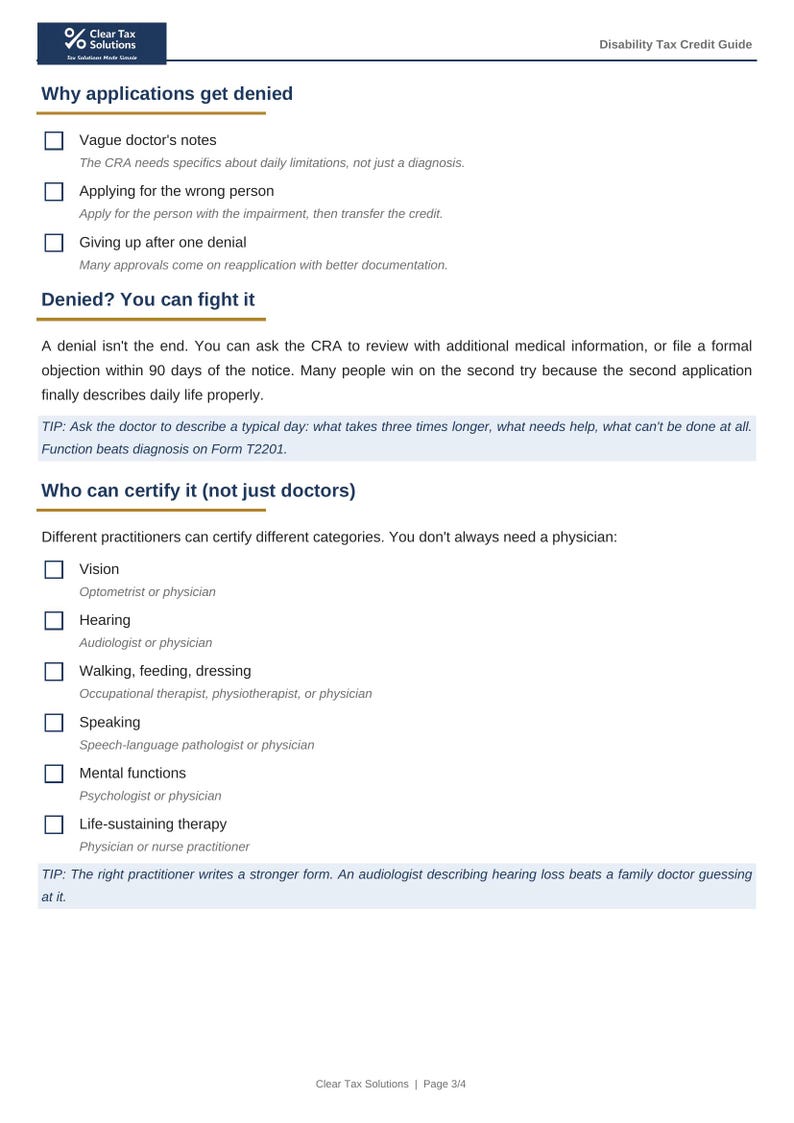 May include: A white informational document titled Disability Tax Credit Guide by Clear Tax Solutions. It lists reasons why applications get denied, provides advice on fighting a denial, and outlines which practitioners can certify specific categories.