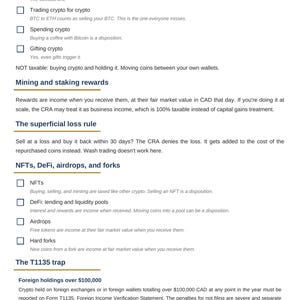 May include: A white informational document titled Crypto Tax Pack by Clear Tax Solutions. It outlines taxable events, mining and staking rewards, the superficial loss rule, NFTs, DeFi, airdrops, forks, and the T1135 trap for foreign holdings over $100,000.