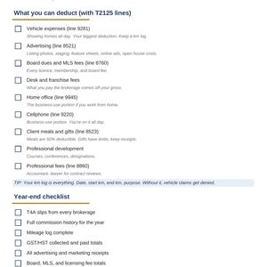 Puede incluir: Un documento informativo blanco titulado Realtor Tax Pack de Clear Tax Solutions. Enumera gastos deducibles de impuestos, incluyendo costos de veh&iacute;culo, publicidad, cuotas y oficina, seguido de una lista de verificaci&oacute;n para comisiones y registros fiscales.