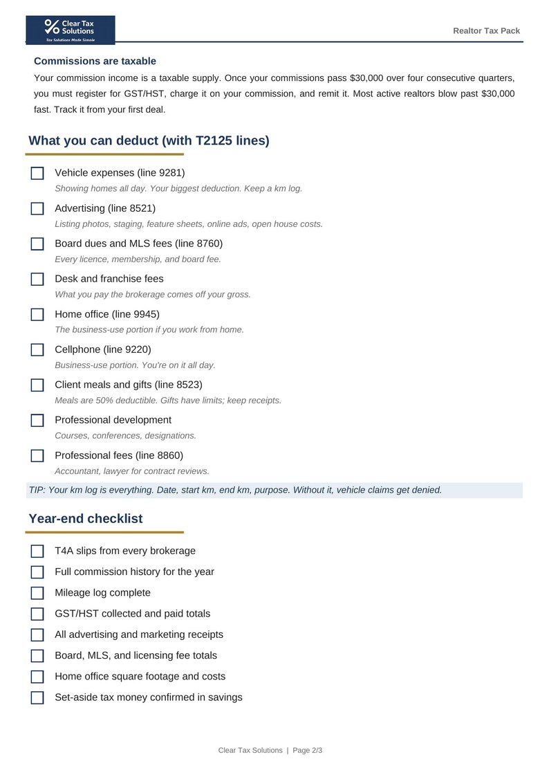 Puede incluir: Un documento informativo blanco titulado Realtor Tax Pack de Clear Tax Solutions. Enumera gastos deducibles de impuestos, incluyendo costos de veh&iacute;culo, publicidad, cuotas y oficina, seguido de una lista de verificaci&oacute;n para comisiones y registros fiscales.