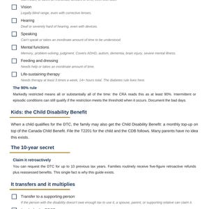 May include: A document titled Disability Tax Credit Guide by Clear Tax Solutions. It lists categories like walking, vision, hearing, speaking, mental functions, feeding, and therapy. It explains the 90% rule, child benefits, and 10-year retroactive claims.