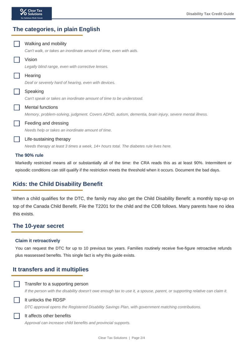 May include: A document titled Disability Tax Credit Guide by Clear Tax Solutions. It lists categories like walking, vision, hearing, speaking, mental functions, feeding, and therapy. It explains the 90% rule, child benefits, and 10-year retroactive claims.