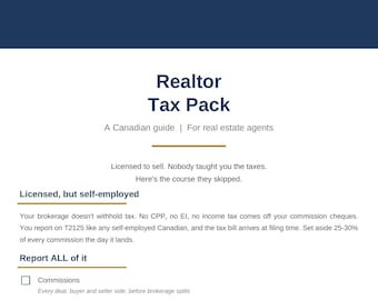 May include: A document titled Realtor Tax Pack, a Canadian guide for real estate agents by Clear Tax Solutions. It outlines tax obligations for self-employed individuals, including reporting commissions, referral fees, and bonuses, plus GST/HST.