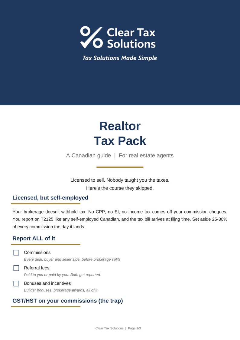 Puede incluir: Un documento titulado Realtor Tax Pack, una gu&iacute;a canadiense para agentes inmobiliarios de Clear Tax Solutions. Describe las obligaciones fiscales para trabajadores aut&oacute;nomos, incluyendo comisiones, tarifas de referencia y bonos, adem&aacute;s de GST/HST.