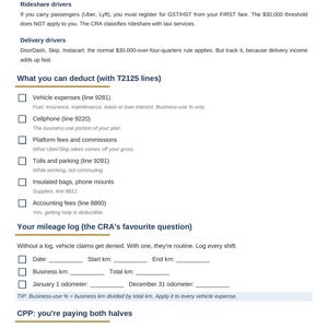 May include: A white informational document titled Rideshare & Delivery Driver Tax Pack by Clear Tax Solutions. It outlines tax deductions, GST/HST rules for drivers, mileage log templates, and CPP obligations for self-employed individuals.
