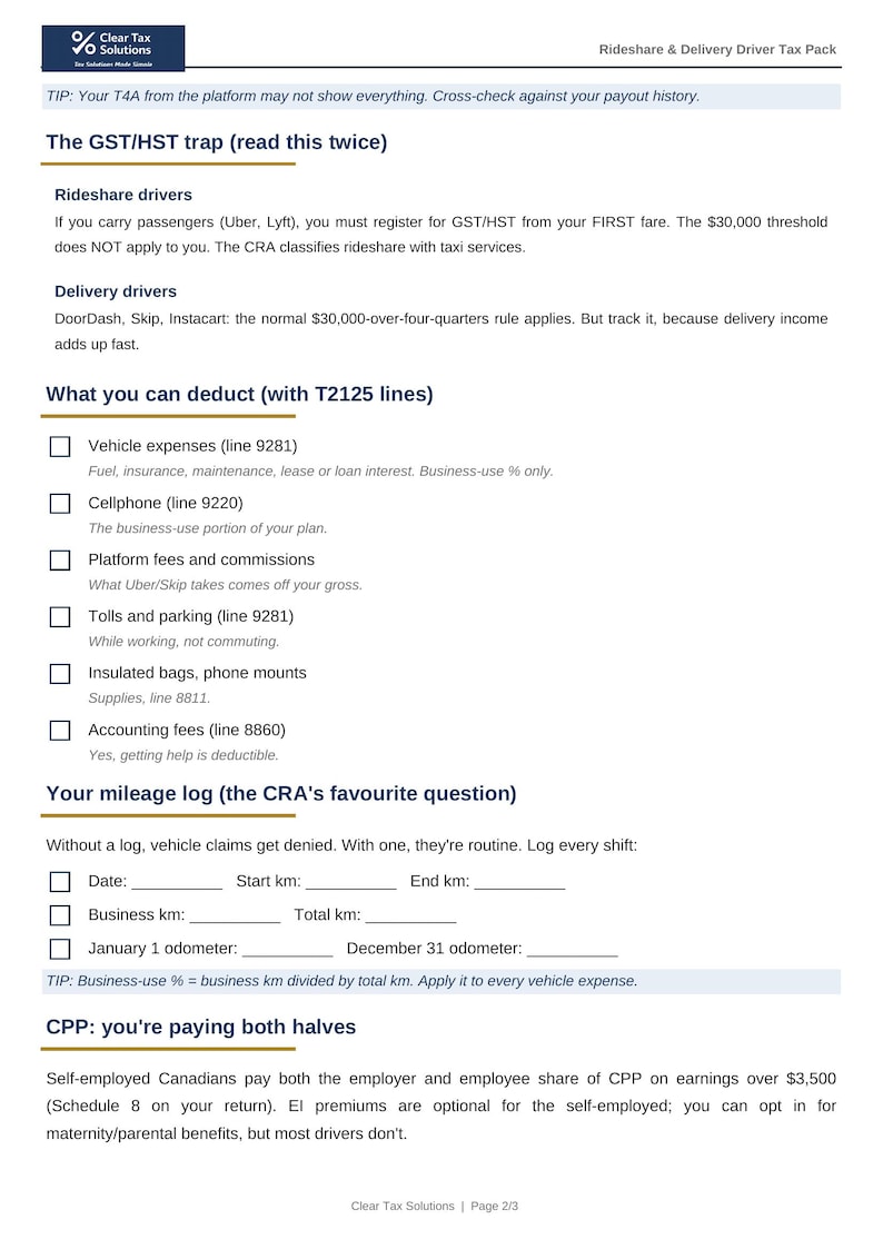 May include: A white informational document titled Rideshare & Delivery Driver Tax Pack by Clear Tax Solutions. It outlines tax deductions, GST/HST rules for drivers, mileage log templates, and CPP obligations for self-employed individuals.
