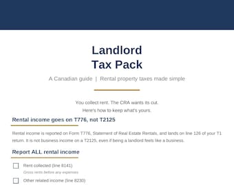 Puede incluir: Un documento blanco titulado Landlord Tax Pack, una guía canadiense sobre impuestos de alquiler. Incluye el logotipo de Clear Tax Solutions, texto sobre requisitos de la CRA, instrucciones del formulario T776 y una lista de deducciones.