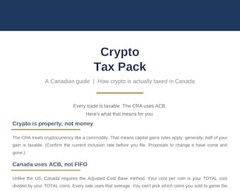 May include: A document titled Crypto Tax Pack by Clear Tax Solutions, providing a Canadian guide on cryptocurrency taxation. It explains that the CRA treats crypto as property, uses the Adjusted Cost Base method, and includes a BTC calculation example.