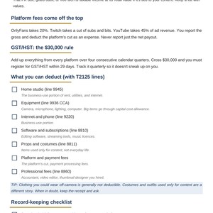 May include: A white informational document titled Content Creator Tax Pack by Clear Tax Solutions. It lists tax guidelines for creators, including sections on affiliate income, free stuff, platform fees, GST/HST rules, and a T2125 deduction checklist.