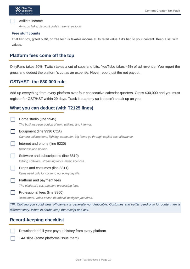 May include: A white informational document titled Content Creator Tax Pack by Clear Tax Solutions. It lists tax guidelines for creators, including sections on affiliate income, free stuff, platform fees, GST/HST rules, and a T2125 deduction checklist.