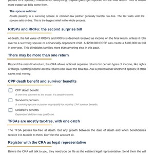 May include: A white document titled Executor Tax Pack by Clear Tax Solutions, page 2/4. It contains sections on deemed disposition, spouse rollover, RRSPs, RRIFs, tax returns, CPP death benefits, survivor benefits, TFSAs, and CRA registration.
