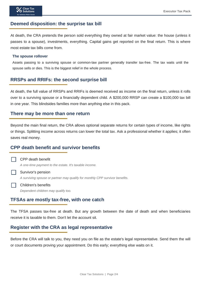May include: A white document titled Executor Tax Pack by Clear Tax Solutions, page 2/4. It contains sections on deemed disposition, spouse rollover, RRSPs, RRIFs, tax returns, CPP death benefits, survivor benefits, TFSAs, and CRA registration.