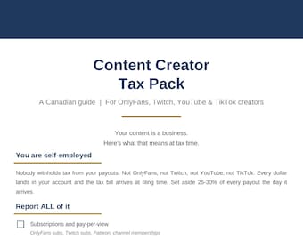 Puede incluir: Un documento titulado Content Creator Tax Pack de Clear Tax Solutions. Es una guía canadiense para creadores de OnlyFans, Twitch, YouTube y TikTok. El texto explica las obligaciones fiscales de los autónomos, incluyendo suscripciones, propinas, ingresos publicitarios y patrocinios.