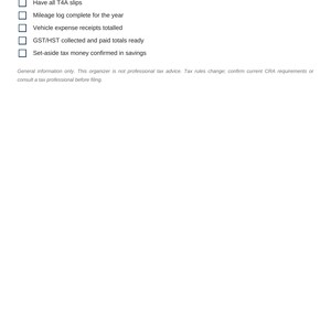 May include: A white document titled Driver's year-end checklist from Clear Tax Solutions. It lists six tasks for rideshare and delivery drivers, including downloading payout history, T4A slips, mileage logs, expense receipts, and tax totals.