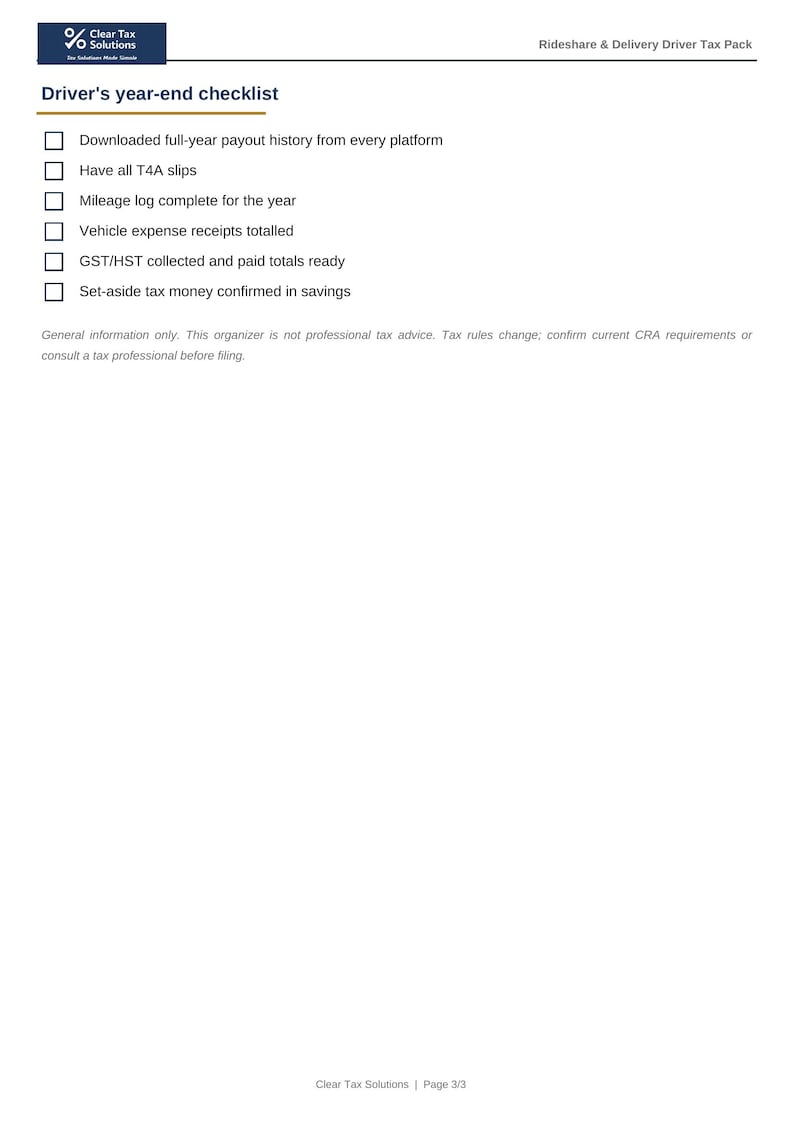 May include: A white document titled Driver's year-end checklist from Clear Tax Solutions. It lists six tasks for rideshare and delivery drivers, including downloading payout history, T4A slips, mileage logs, expense receipts, and tax totals.