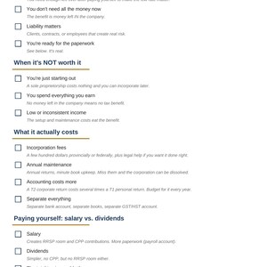 May include: A document titled Incorporation Guide by Clear Tax Solutions, page 2/4. It lists considerations for business incorporation, including sections on when it is worth it, when it is not, actual costs, and salary versus dividends.
