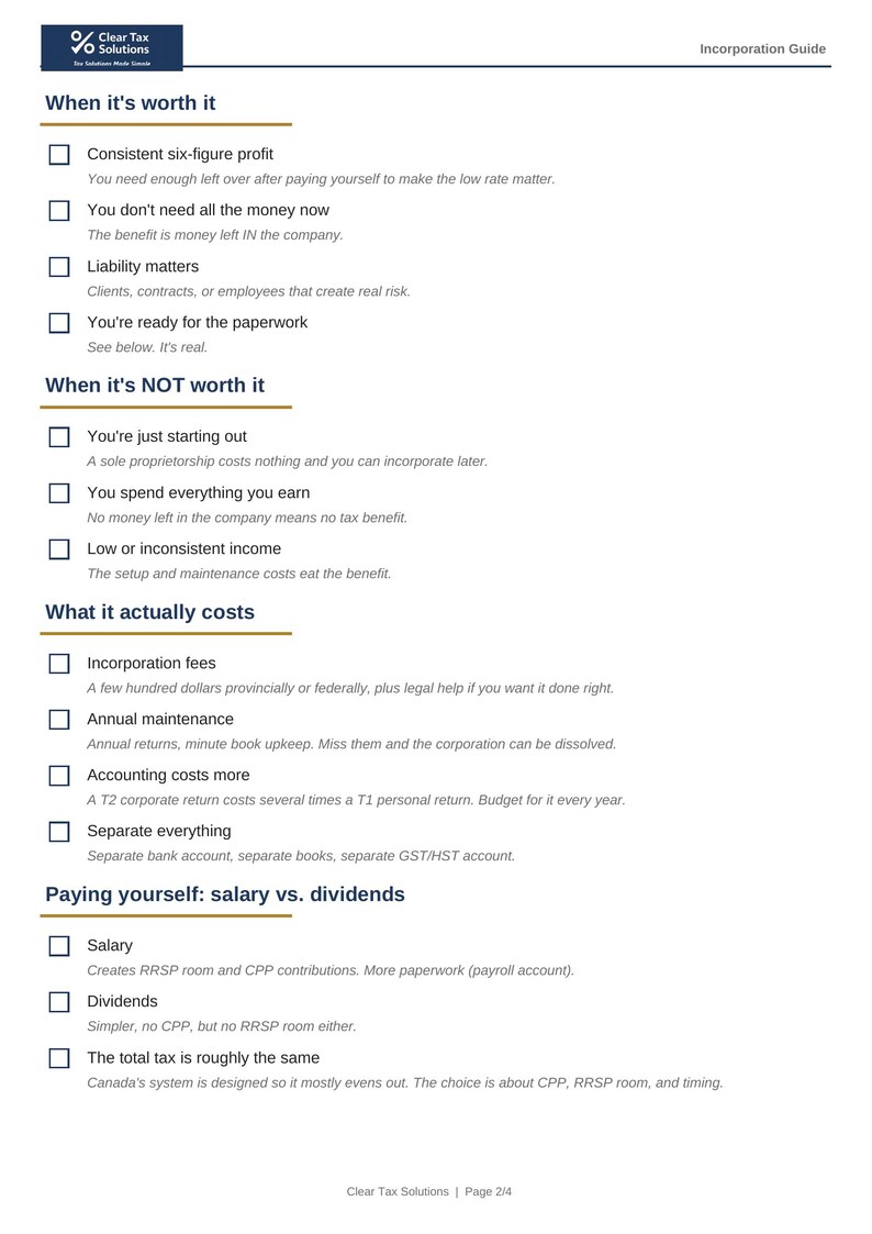 May include: A document titled Incorporation Guide by Clear Tax Solutions, page 2/4. It lists considerations for business incorporation, including sections on when it is worth it, when it is not, actual costs, and salary versus dividends.