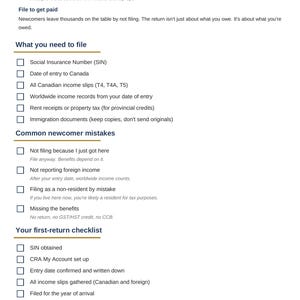 May include: A white document titled Newcomer Tax Pack by Clear Tax Solutions. It features checklists for tax filing, including sections for Canada Child Benefit, required documents like SIN, common filing mistakes, and a first-return checklist.