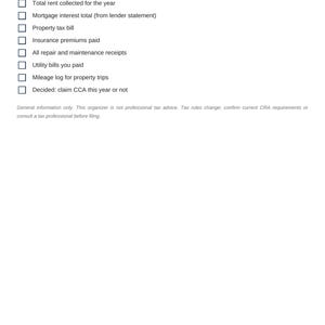 May include: A white document titled Landlord's year-end checklist from Clear Tax Solutions. It features a list of items with checkboxes including total rent, mortgage interest, property tax, insurance, repair receipts, utility bills, and mileage logs.