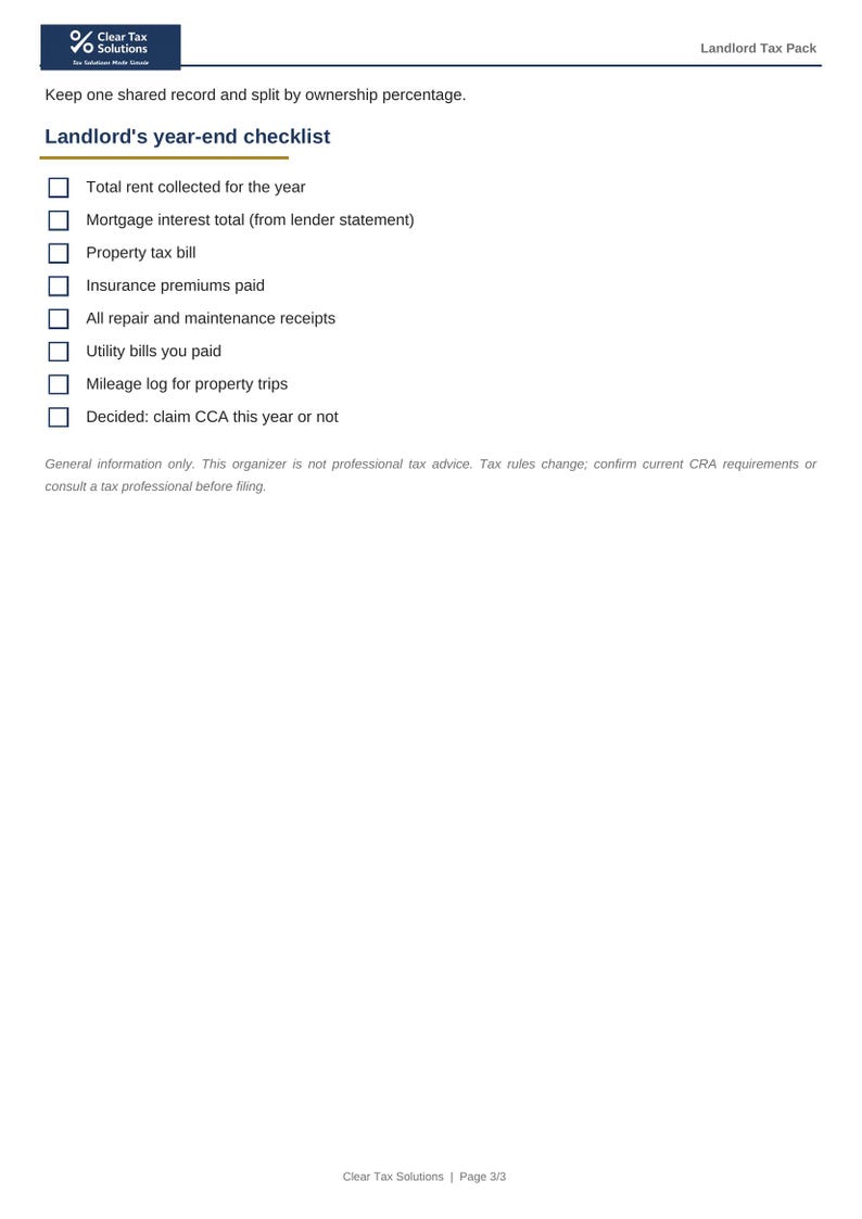 May include: A white document titled Landlord's year-end checklist from Clear Tax Solutions. It features a list of items with checkboxes including total rent, mortgage interest, property tax, insurance, repair receipts, utility bills, and mileage logs.