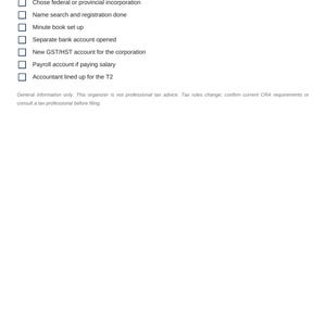 May include: A white document titled Incorporation Guide by Clear Tax Solutions featuring a checklist with items including federal or provincial incorporation, name search, minute book, bank account, GST/HST, payroll, and T2 accountant.