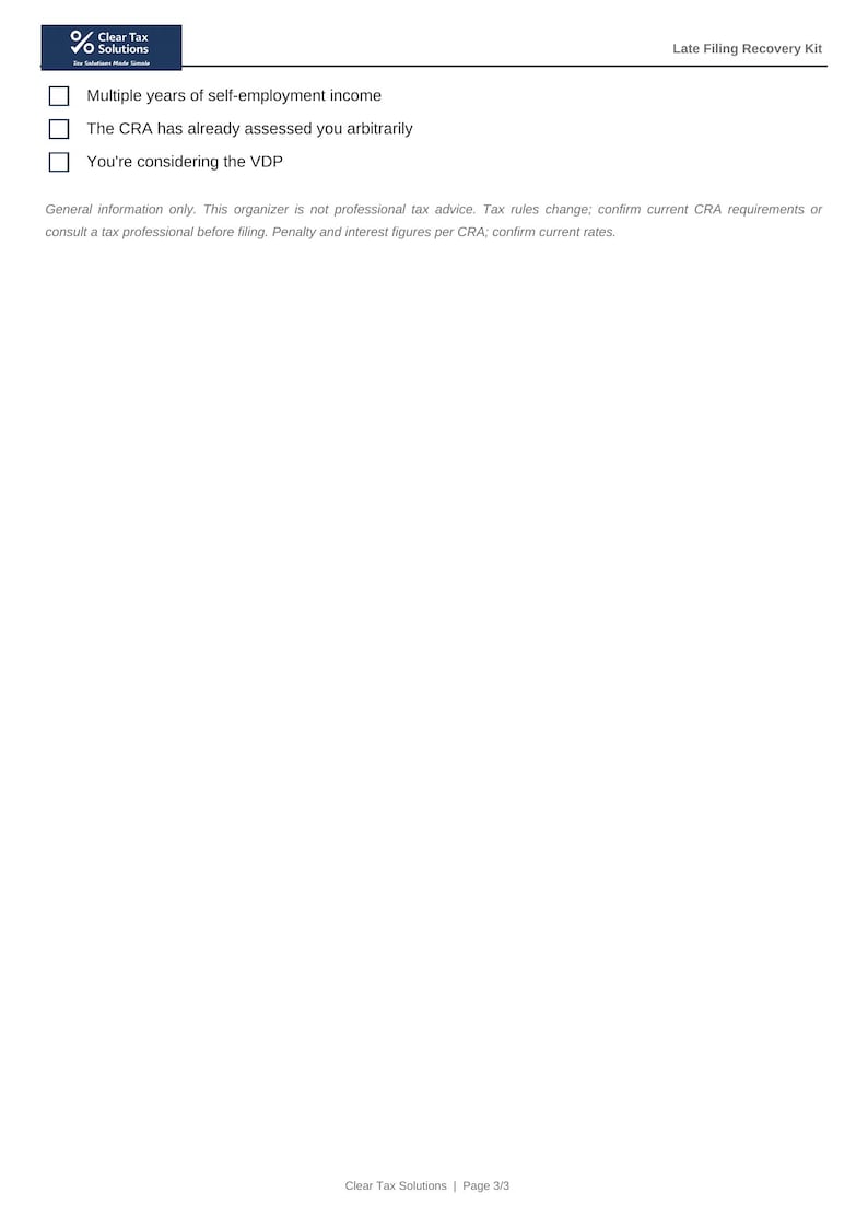 May include: A white document titled Late Filing Recovery Kit by Clear Tax Solutions. It features three checkboxes next to text regarding self-employment income, arbitrary CRA assessments, and the VDP, plus a disclaimer about tax advice.