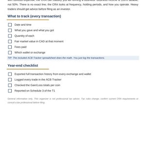 May include: A white informational document titled Crypto Tax Pack from Clear Tax Solutions. It features sections on trader versus investor status, a checklist for tracking transactions, and a year-end checklist with checkboxes for tax reporting.