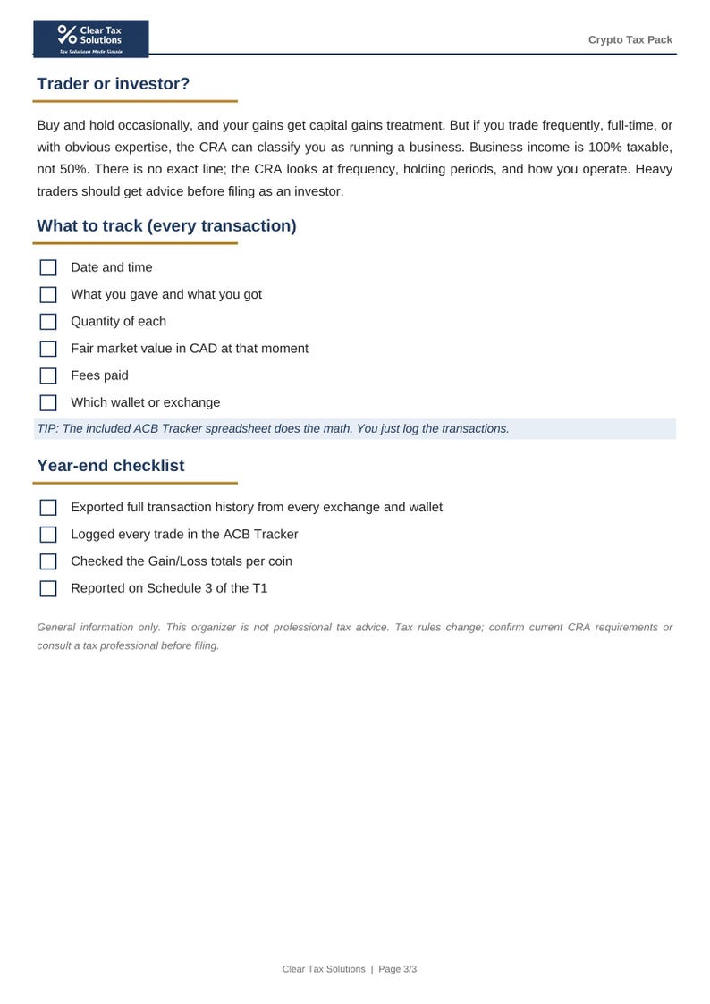 May include: A white informational document titled Crypto Tax Pack from Clear Tax Solutions. It features sections on trader versus investor status, a checklist for tracking transactions, and a year-end checklist with checkboxes for tax reporting.