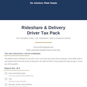 May include: A document titled Rideshare & Delivery Driver Tax Pack by Clear Tax Solutions. It outlines tax responsibilities for self-employed drivers, including sections on business status, tax withholding, and a checklist for reporting income.