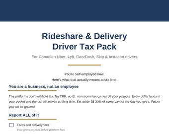 May include: A document titled Rideshare & Delivery Driver Tax Pack by Clear Tax Solutions. It outlines tax responsibilities for self-employed drivers, including sections on business status, tax withholding, and a checklist for reporting income.