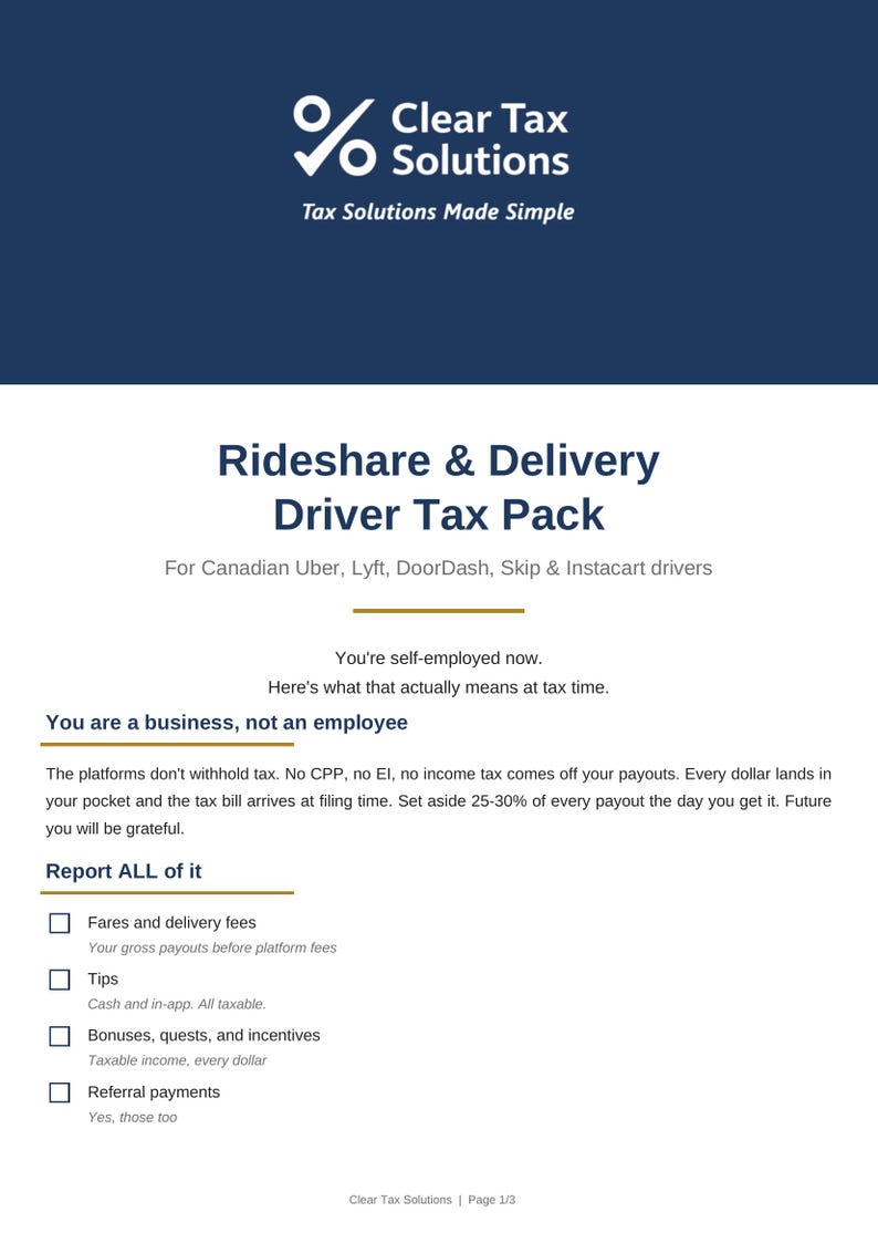 May include: A document titled Rideshare & Delivery Driver Tax Pack by Clear Tax Solutions. It outlines tax responsibilities for self-employed drivers, including sections on business status, tax withholding, and a checklist for reporting income.