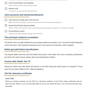 May include: A white document titled Executor Tax Pack by Clear Tax Solutions, page 3/4. It lists financial steps including stopping outgoing money, joint accounts, principal residence exemption, debts, T3 income, and the CRA clearance certificate Form TX19.