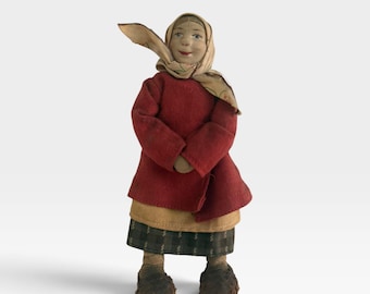 Antique Soviet Russian Stockinette Cloth Doll 1930s Peasant Babushka Miniature Folk Art 7 Inches Pressed Fabric Dollhouse Scale Cottagecore