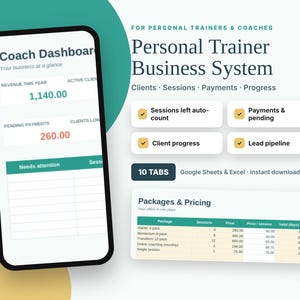 May include: A digital business system for personal trainers and coaches, featuring a smartphone displaying a Coach Dashboard with revenue and payment data, alongside a list of features including sessions, payments, progress, and a packages pricing table.