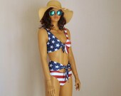 American flag knot bikini top high waisted knot bottoms Swimsuit Swimwear Plus size Bathing suit 4th july Patriotic