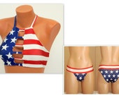 American Flag high neck halter bikini top full coverage bottoms Plus size Swimsuit Swimwear 4th July Patriotic