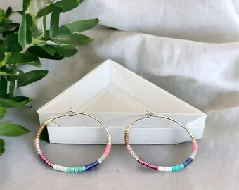 Multicolor Silver Minimalist Hoop Earrings,Simple Earrings,Miyuki Earrings,Birthday Gift,Boho Dainty Earrings