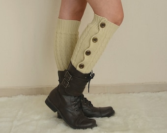 Beige Cozy Button Knit Lace Leg Warmers for Women-Birthday gift-Trendy Winter Wear-Winter Accessories-Stylish Leg Warmers-Christmas gifts