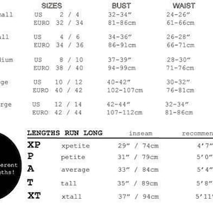 May include: Size chart with bust, waist, and hip measurements in inches and centimeters. Includes sizes XS to XL, with US and Euro sizing. Also shows inseam and recommended height for five pant lengths. Text reads "available in 5 different pant lengths!"