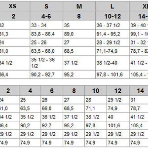 May include: Size chart for tops and bottoms with measurements in inches and centimeters. The chart includes sizes XS, S, M, L, XL, and XXL. The measurements are for bust, waist, hips, and inseam.
