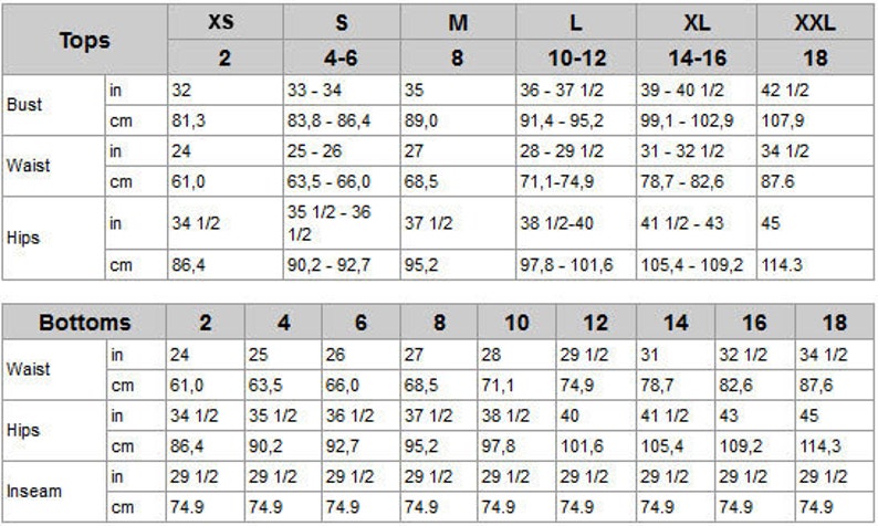 May include: Size chart for tops and bottoms with measurements in inches and centimeters. The chart includes sizes XS, S, M, L, XL, and XXL. The measurements are for bust, waist, hips, and inseam.