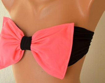 Bow bandeau,Neon pink black bow bandeau bikini top,Swimwear women,Swimsuits,Plus size Clothing,Bathing Suits