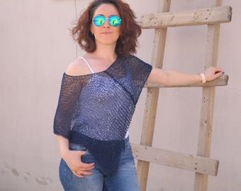 Blue poncho,Womens poncho,Hand Knit poncho,Navy blue poncho,Beach cover up,Loose Knit poncho,Birthday gift,Cotton Poncho,Summer poncho