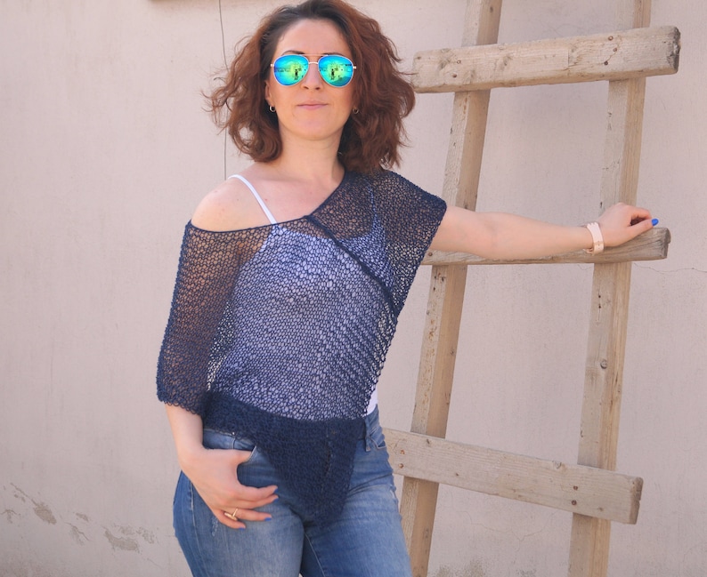 Blue poncho,Womens poncho,Hand Knit poncho,Navy blue poncho,Beach cover up,Loose Knit poncho,Birthday gift,Cotton Poncho,Summer poncho