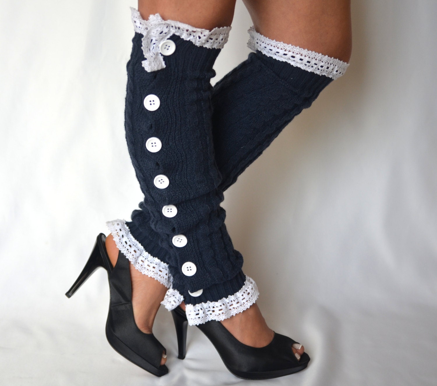 Leg warmers women/Navy blue cable knit slouchy button leg