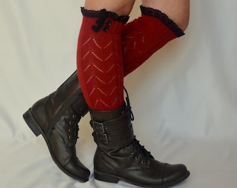 Solid Red Cozy Knit Lace Knee High Leg Warmers for Women-Stylish Winter Gift-Birthday Gift-Christmas Gift-a-Fit for 12-18" Calves