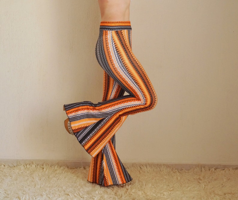 Orange boho stripe bell bottoms women,Flare,Boho,Women leggings,70's,Festival,Plus size,High waisted,Fall trend,Fall outfit,Back to school image 2