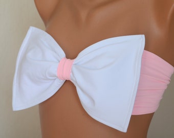 Bow Bikini Top,White and pale pink padded bandeau bikini,Swimwear,Plus size Clothing,Bathing suits,Swimsuits