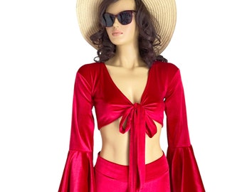 Red Velvet Tie Bell Sleeves Top and flare Bell bottoms,Plus size clothing,Red Boho velvet set,70s Party Costume,Wrap Velvet Top